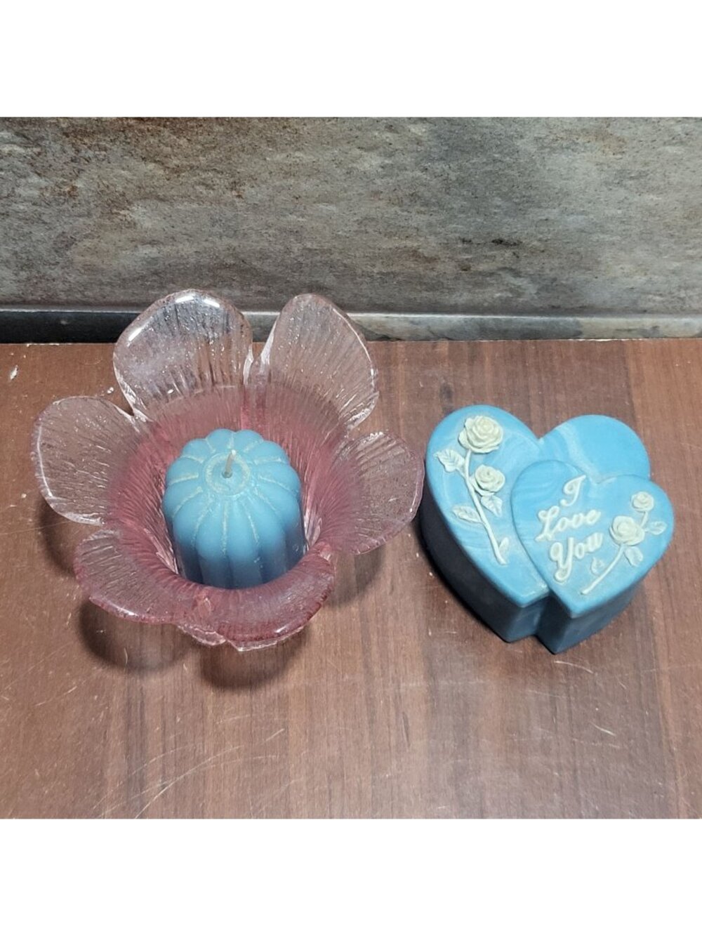 Vintage Pink Glass Lotus Flower Candle Holder & Blue Heart "I Love You" Trinket